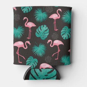 Enfriador De Latas Flamingo, hojas de palma: acuarela tropical.
