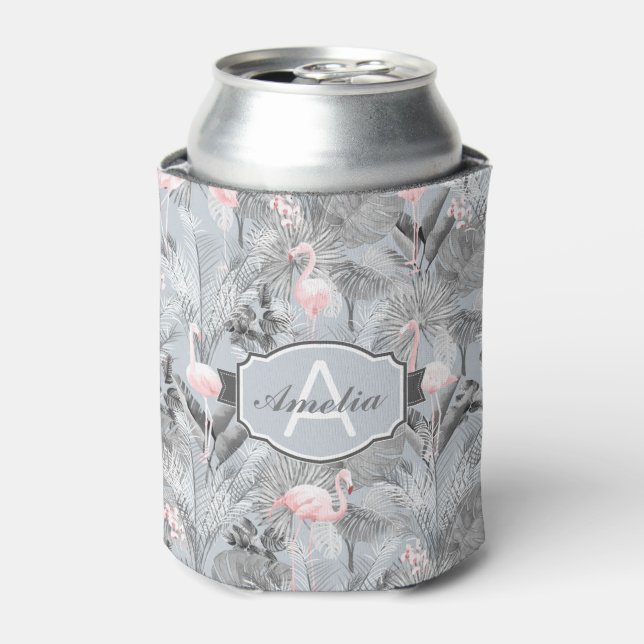 Enfriador De Latas Flamingo Orquídea Trópico Patrón Gris ID868 (Lata Anverso)