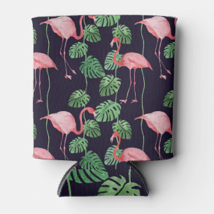 Enfriador De Latas Flamingo Oscuro: Pequeño Patrón De Acuarela.