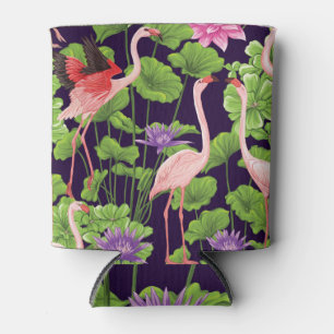 Enfriador De Latas Flamingo, plantas tropicales, fondo negro.