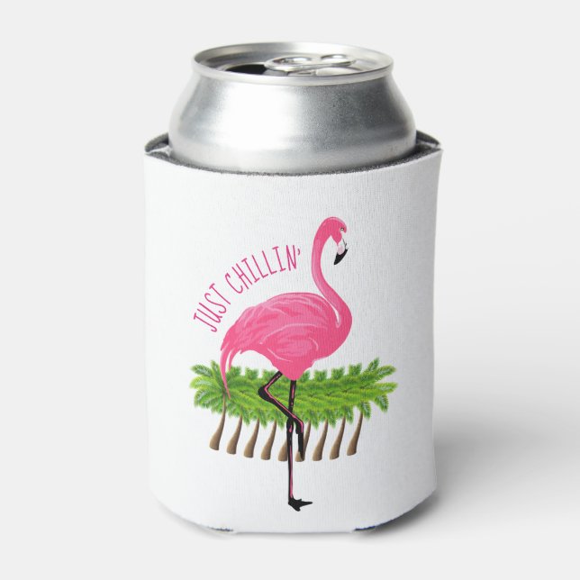 Enfriador De Latas Flamingo Rosa Con Palmeras (Lata Anverso)