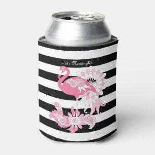 Enfriador De Latas Flamingo rosa de franja blanca y negra moderna