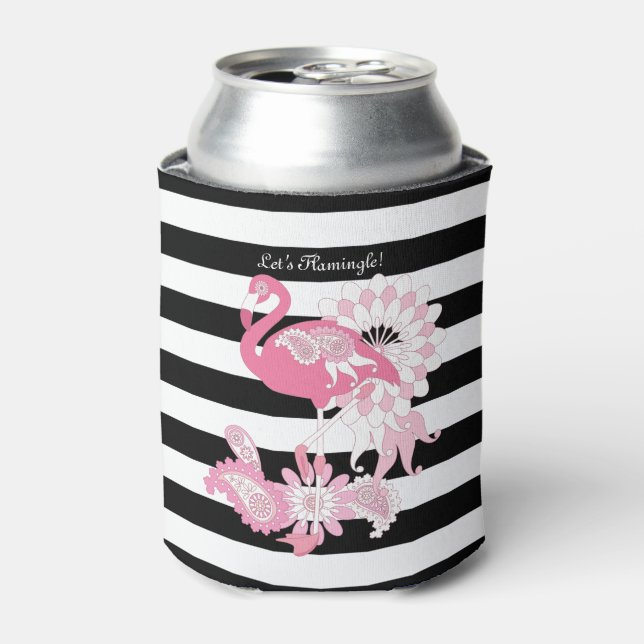 Enfriador De Latas Flamingo rosa de franja blanca y negra moderna (Lata Anverso)