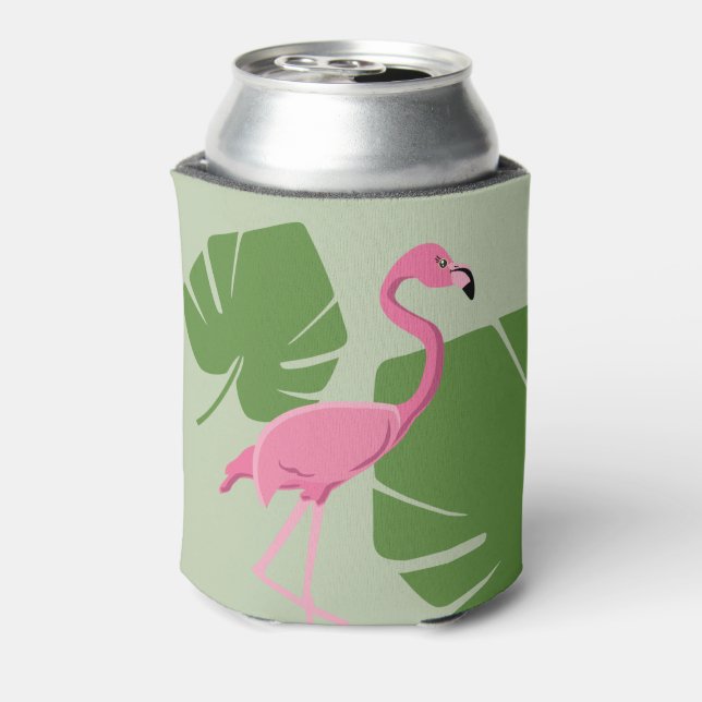 Enfriador De Latas Flamingo rosa Hojas verdes tropicales (Reverso de la lata)