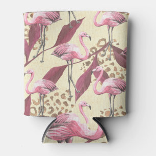 Enfriador De Latas Flamingo rosa tropical, patrón leopardo.