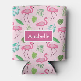 Enfriador De Latas Flamingo rosa y hojas tropicales Personalizado