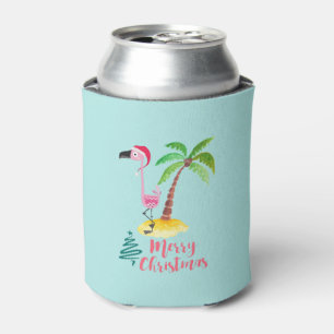 Enfriador De Latas Flamingo Rosado En Un Sombrero De Papá Noel