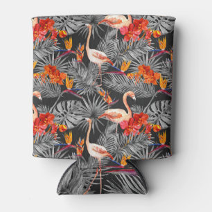 Enfriador De Latas Flamingo y flores, patrón monocromo.
