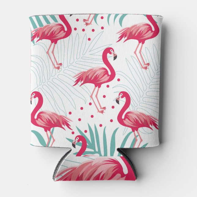 Enfriador De Latas Flamingo y hojas tropicales, patrón de verano. (Anverso)