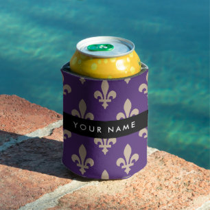 Enfriador De Latas Fleur de Lis, beige sobre púrpura, Real, Tu Nombre