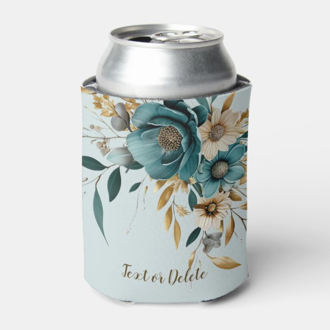 Enfriador De Latas Flor blanca turquesa hojas doradas elegante (Lata Anverso)