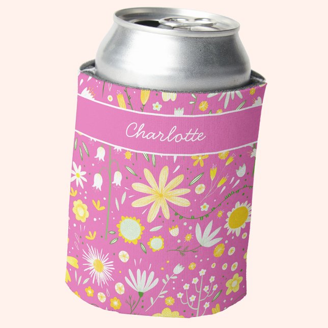 Enfriador De Latas Flor de flores silvestres caliente rosa (Personalized name hot pink and yellow wildflower pattern can cooler)