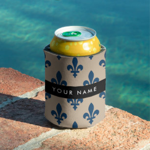 Enfriador De Latas Flor de Lis, Azul Marino sobre Beige, Real, Tu Nom