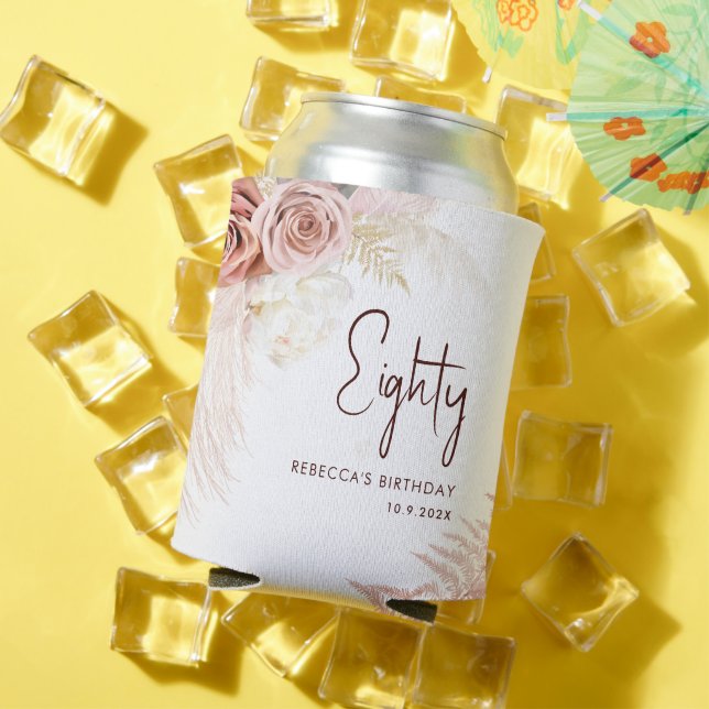 Enfriador De Latas Floral 80th Birthday Pampas Grass personalizado (Verano in situ)