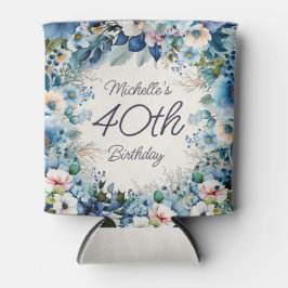 Enfriador De Latas Floral azul acuarela 40 cumpleaños Fiesta