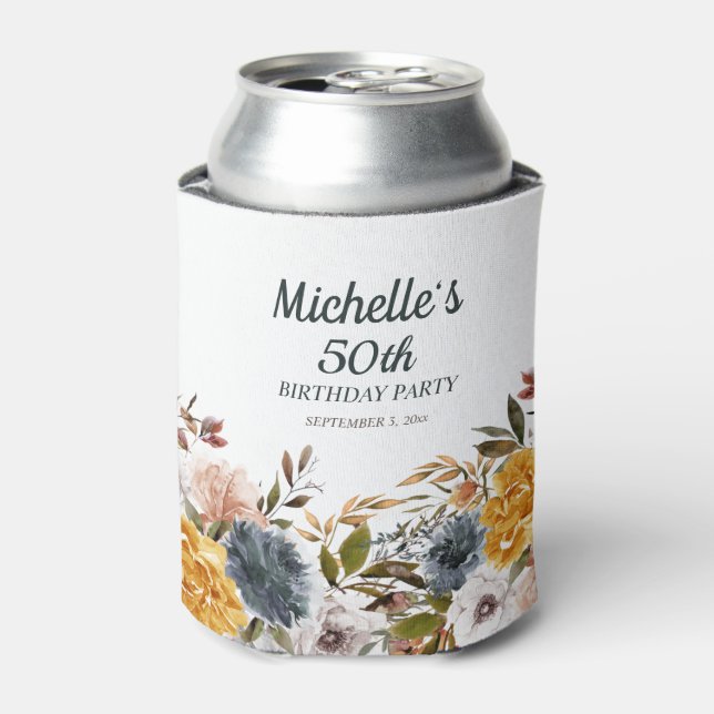 Enfriador De Latas Floral azul de la marina amarilla 50 cumpleaños (Lata Anverso)