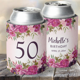 Enfriador De Latas Floral color morado rosado 50 cumpleaños favoritos