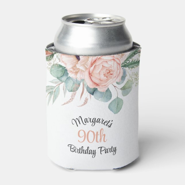 Enfriador De Latas Floral de acuarela pastel femenina 90 cumpleaños (Lata Anverso)