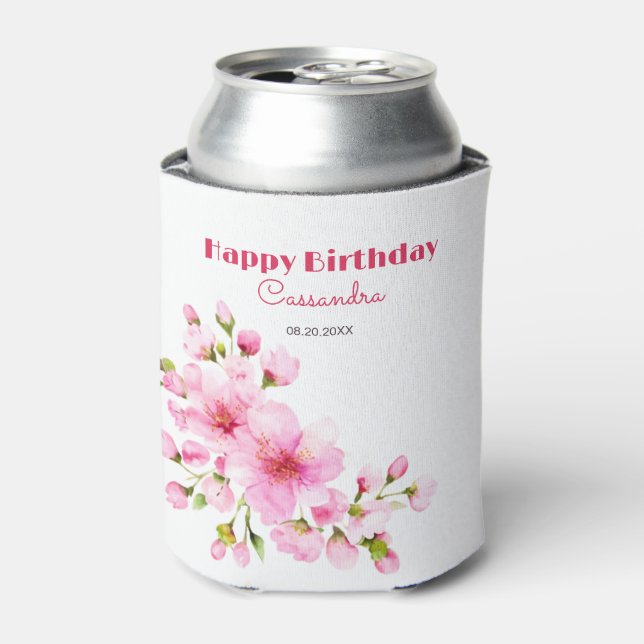 Enfriador De Latas Floral de cerezo rosado rustico Sakura cumpleaños (Lata Anverso)