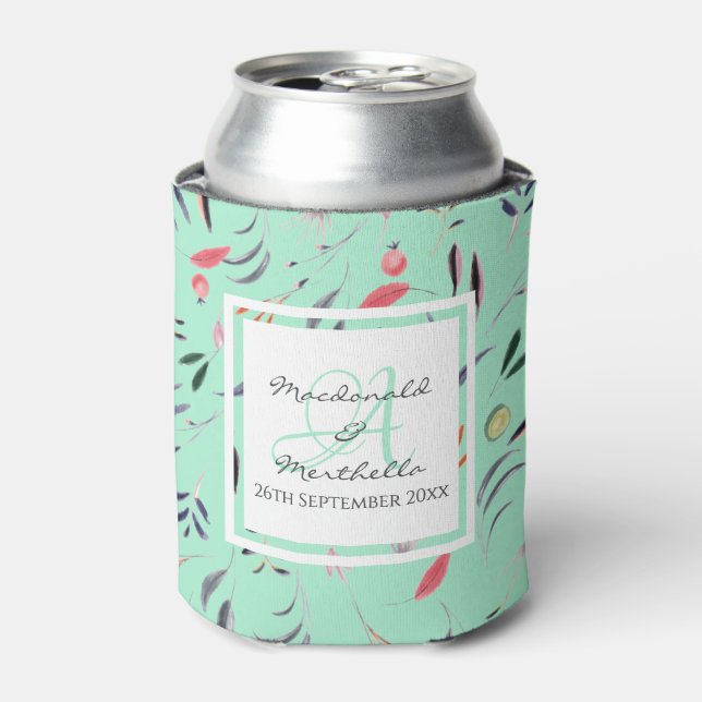 Enfriador De Latas Floral de monograma verde de menta personalizada (Lata Anverso)
