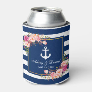 Enfriador De Latas Floral de oro con rayas azules de Boda náutico