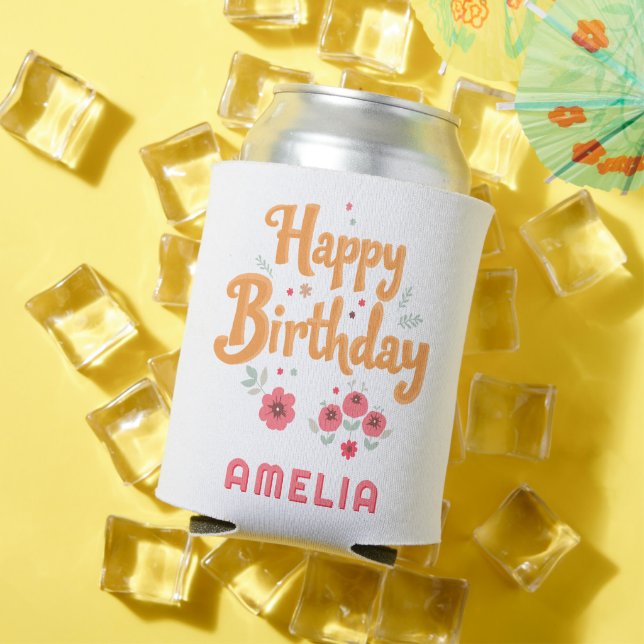 Enfriador De Latas Floral Flowers Happy Birthday Handlettering (Verano in situ)