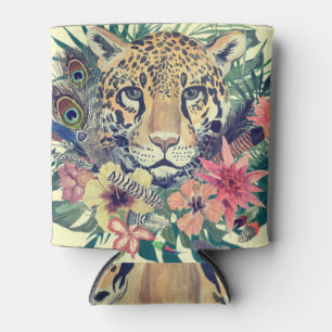 Enfriador De Latas Floral leopardo: Ilustracion de acuarela vintage