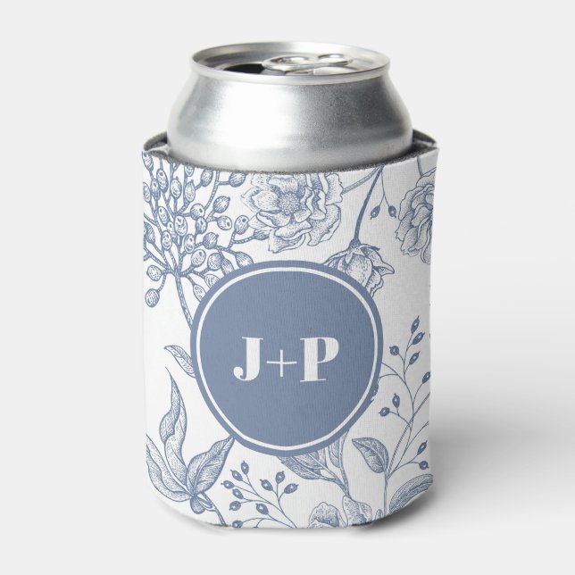 Enfriador De Latas Floral Periwinkle Blue Monogram Wedding (Lata Anverso)