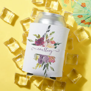 Enfriador De Latas Floral personalizado de acuarela morado y rojo  
