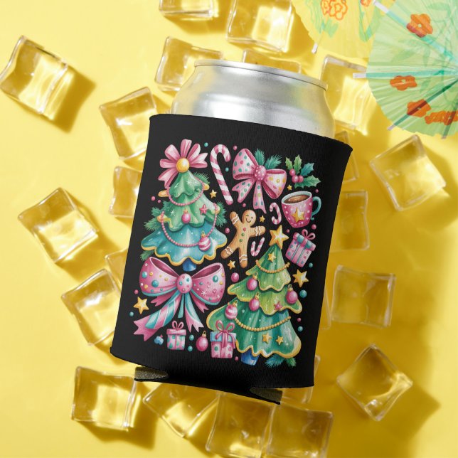 Enfriador De Latas Floral Preppy Xmas Tree Bow Coquette Rosa Azul (Verano in situ)