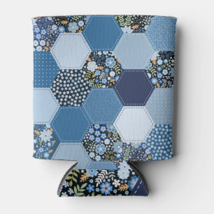 Enfriador De Latas Floral, retazos denim: patrón azul.