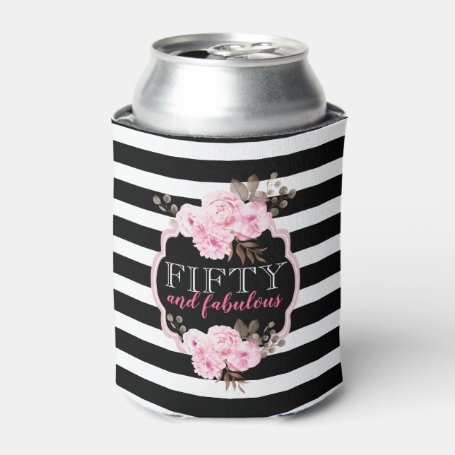 Enfriador De Latas Floral rosa 50 y fabulosa franja blanca negra (Lata Anverso)