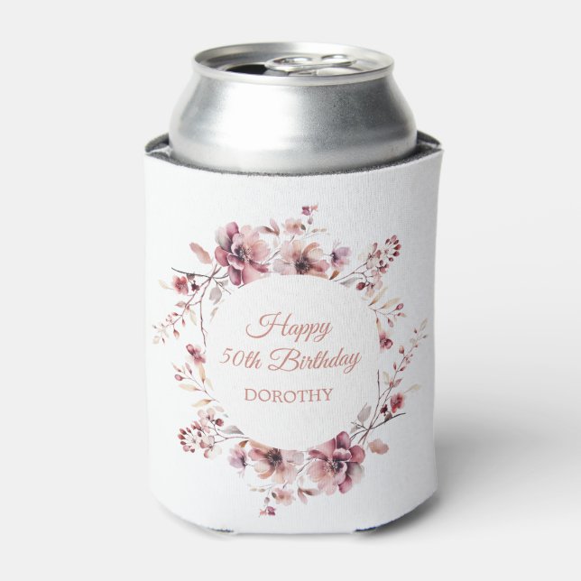 Enfriador De Latas Floral rosa borgoñona personalizada 50 cumpleaños (Lata Anverso)