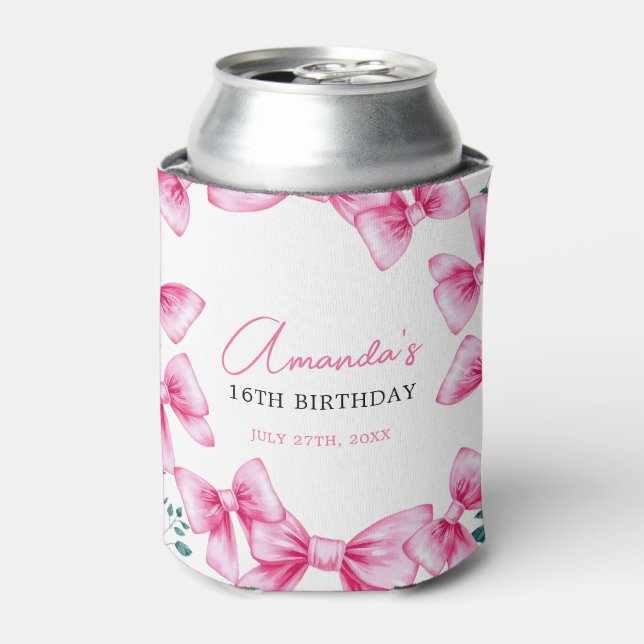 Enfriador De Latas Floral Rosa Bow Coquette Sweet 16 Cumpleaños (Lata Anverso)