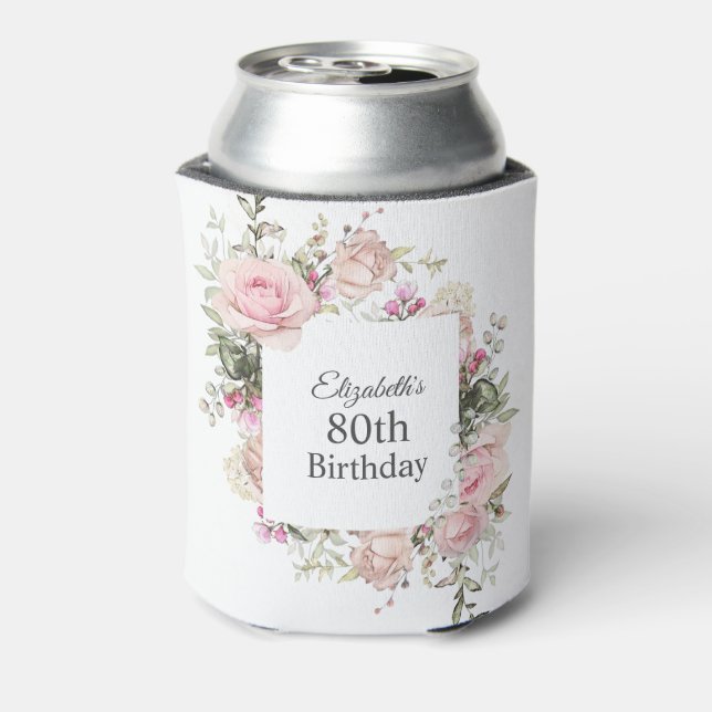 Enfriador De Latas Floral rosa Femenina 80 cumpleaños (Reverso de la lata)