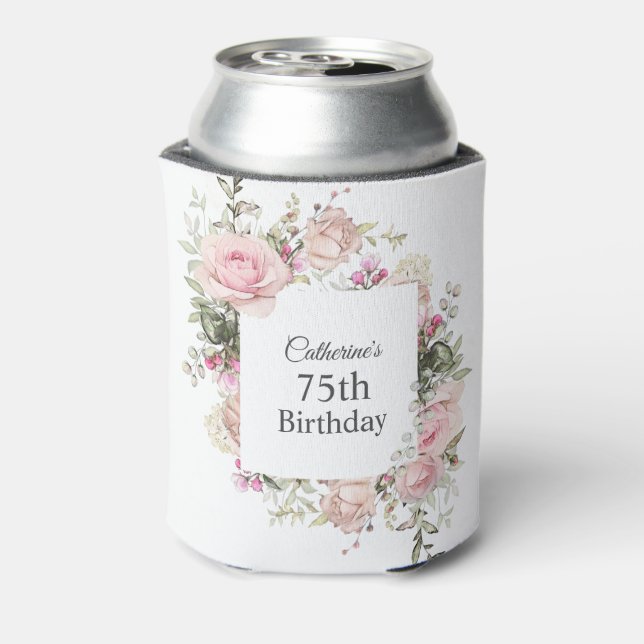 Enfriador De Latas Floral rosa Feminiana 75º cumpleaños (Reverso de la lata)