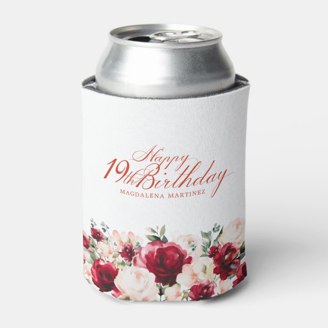 Enfriador De Latas Floral rosa roja 19 cumpleaños personalizada (Lata Anverso)