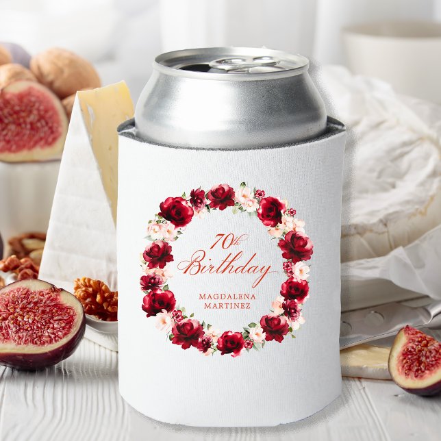 Enfriador De Latas Floral rosa roja 70 cumpleaños personalizado (Subido por el creador)