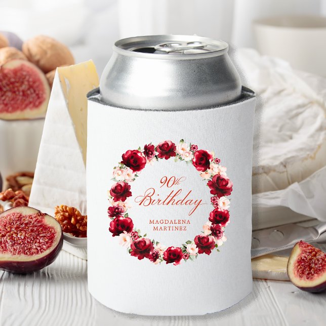 Enfriador De Latas Floral rosa roja 90 cumpleaños personalizado (Subido por el creador)