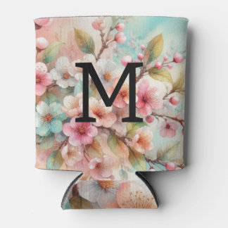 Enfriador De Latas Floral watercolor monogram pink cherry blossoms 