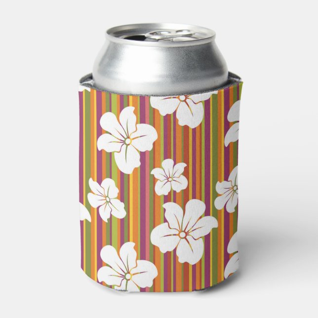 Enfriador De Latas Flores blancas en un fondo rayado (Lata Anverso)