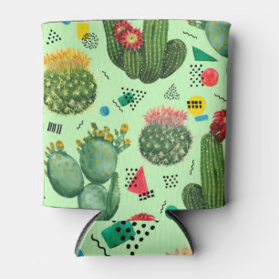 Enfriador De Latas Flores de cactus: fondo geométrico acuarela.