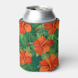Enfriador De Latas Flores de Hibisco Rojo Naranja Verde Follaje de la