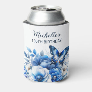 Enfriador De Latas Flores de Mariposa Azul Elegante Cumpleaños 100