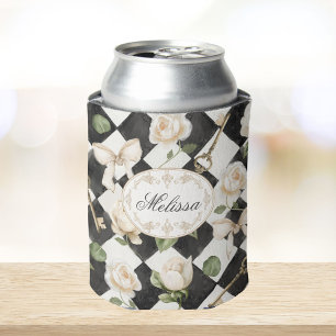 Enfriador De Latas Flores de Rosa Vintage Monograma Diamante Blanco N