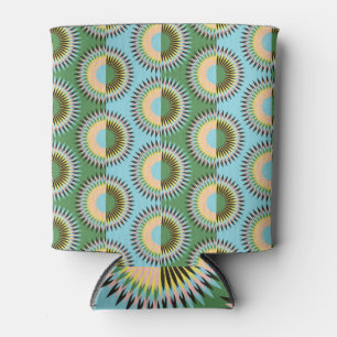 Enfriador De Latas Flores dobladas: patrón retro azul-verde.