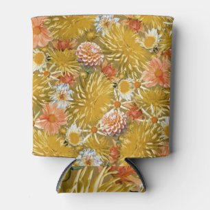 Enfriador De Latas Flores doradas de dalia, diseño floral vintage.