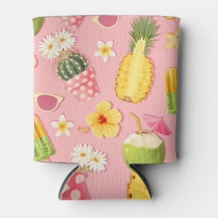 Enfriador De Latas Flores Exóticas Frutos: Patrón Vintage.