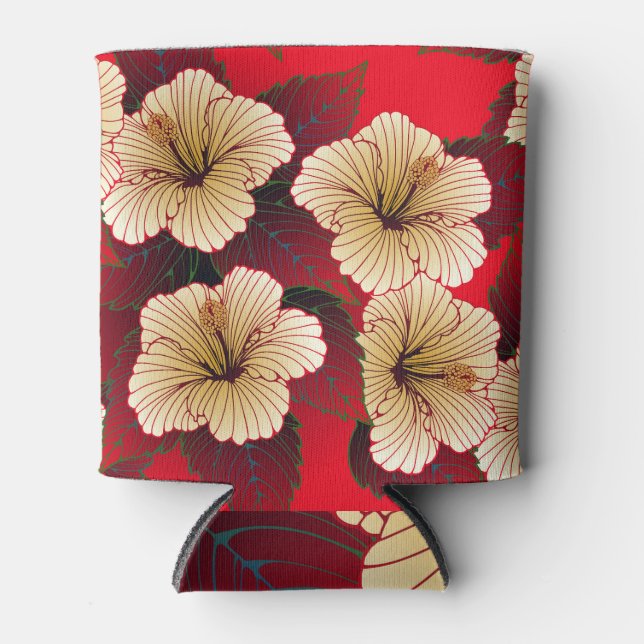 Enfriador De Latas Flores Hibiscus, Patrón De Marfil Rojo. (Anverso)