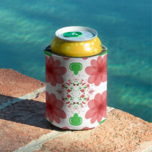 Enfriador De Latas Flores rojas caprichosas Hojas verdes sobre arte b